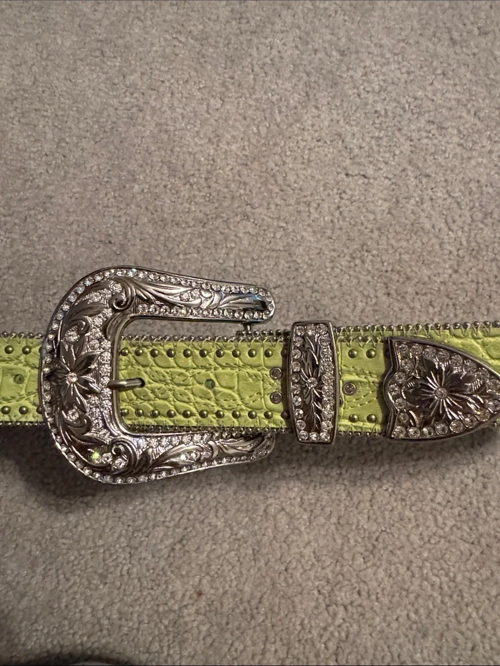 Roper Lime Green Studded Western Belt with Rhinestone Buckle M